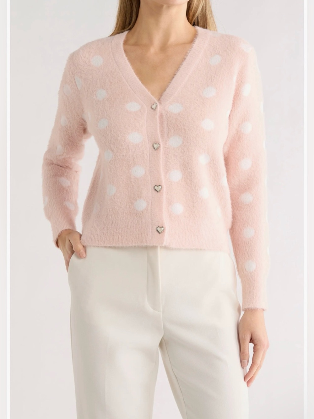 NWOT Nanette Nanette Lepore Pink Fuzzy White Polka Dot Heart Button Cardigan